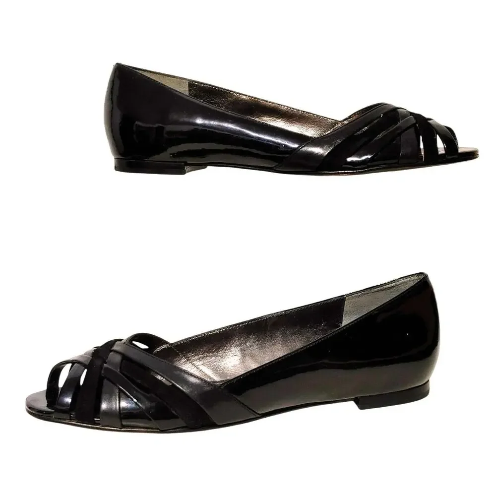Cole Haan Peep Toe Patent Leather Flats Black Shoes Womens 7B Made in Brazil